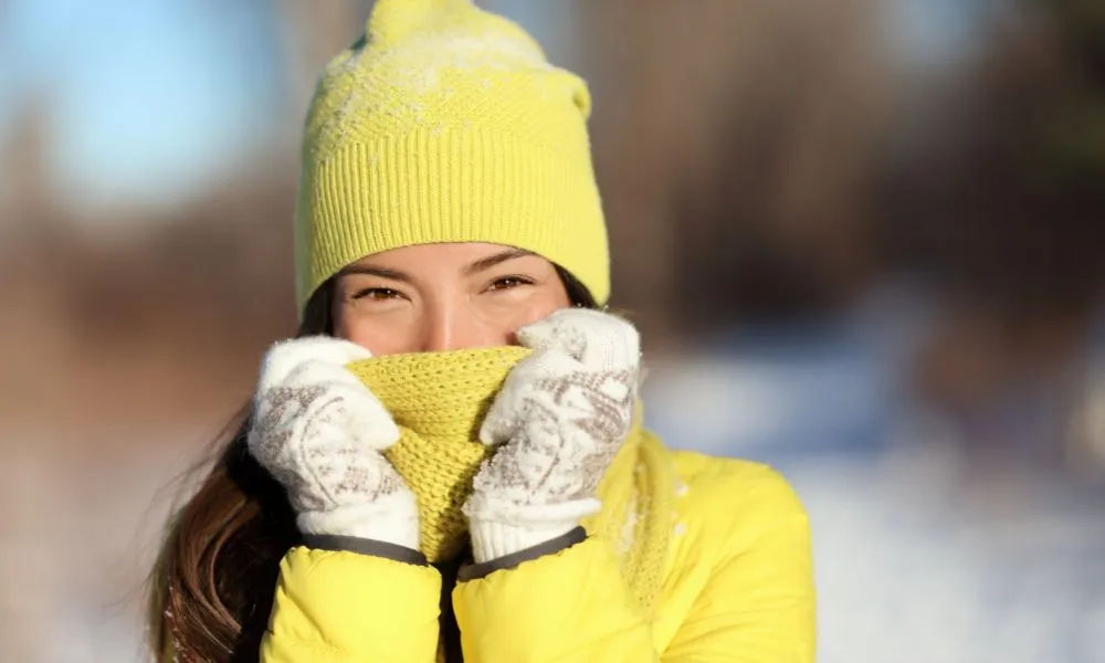 Winter Freezing Woman Covering Face from Cold