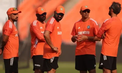 The Indian think-tank: Fielding coach T Dilip, data analyst Hari Prasad, captain Rohit Sharma, head coach Rahul Dravid and batting coach Vikram Rathour have a chat