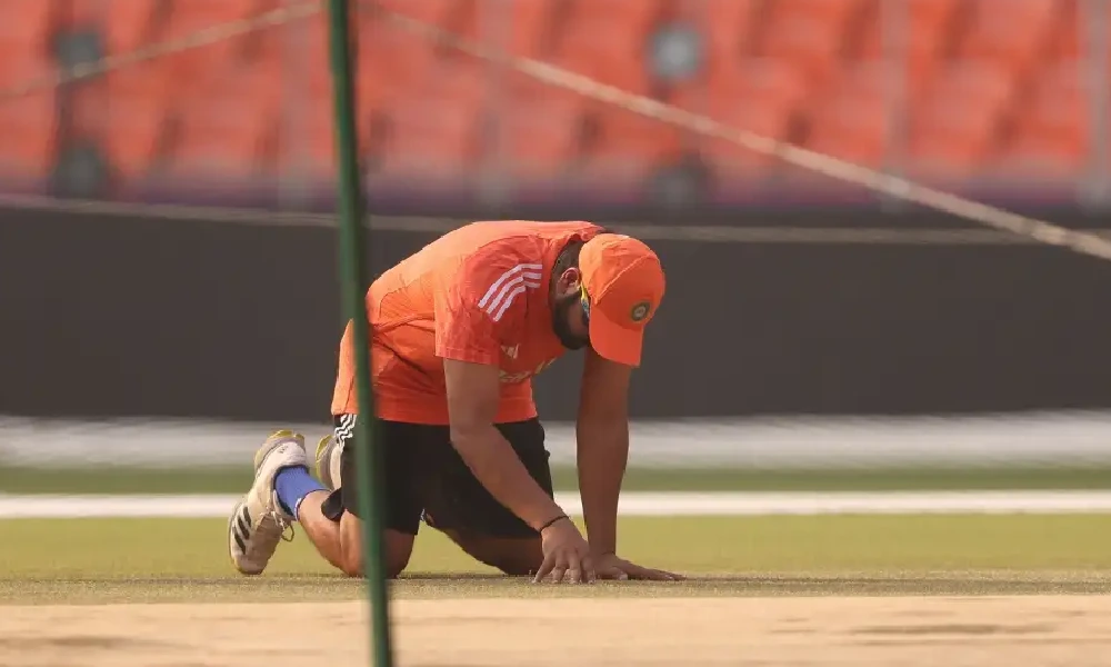 Rohit Sharma inspects the Ahmedabad pitch two days out of the World Cup final
