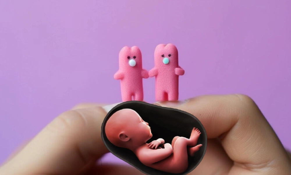 Foeticide case and pair of pink bunny figurines