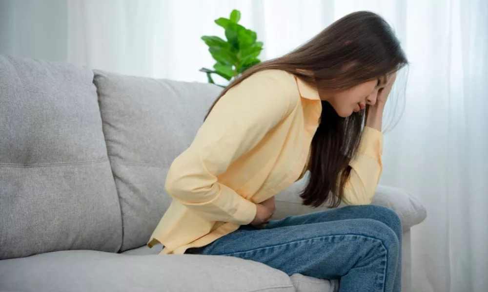Stomach Ache. Women Have Abdominal Pain, Indigestion, Gastritis,
