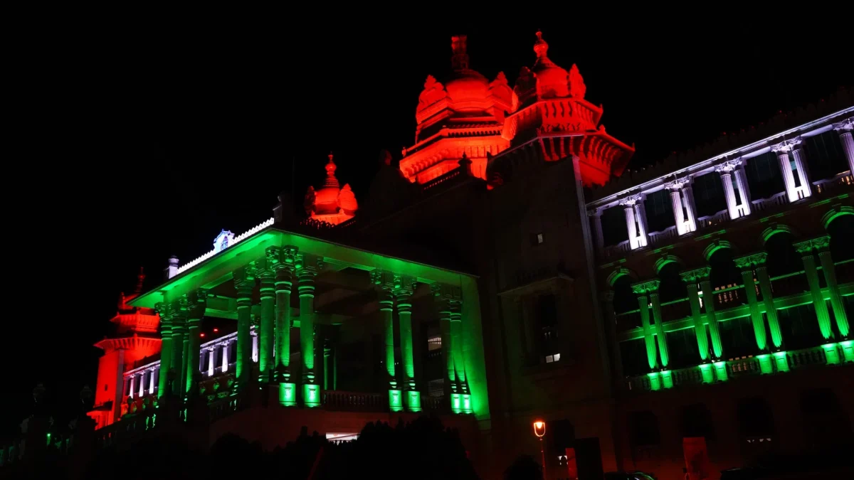 Colourful electric lighting for Suvarna Soudha