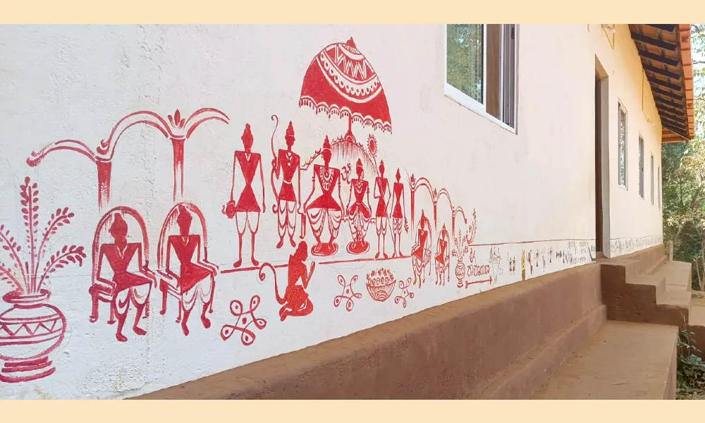 A picture of Sri Ramayana on the campus wall of Sri Sharadamba High School in Bairumbe village