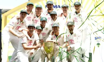 Australia celebrate with the Benaud-Qadir trophy