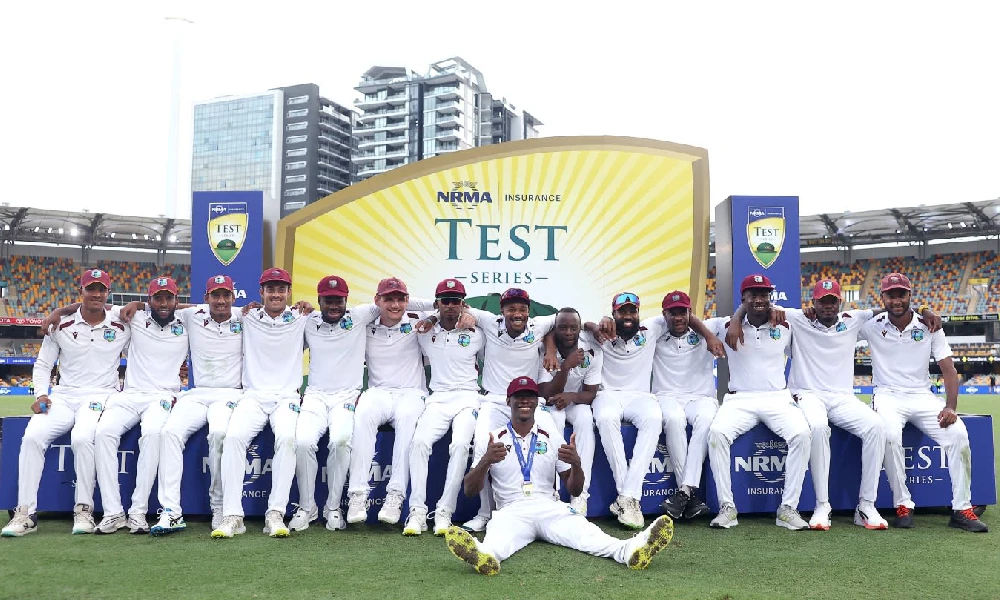 West Indies team pose after their first Test win in Australia in 27 years