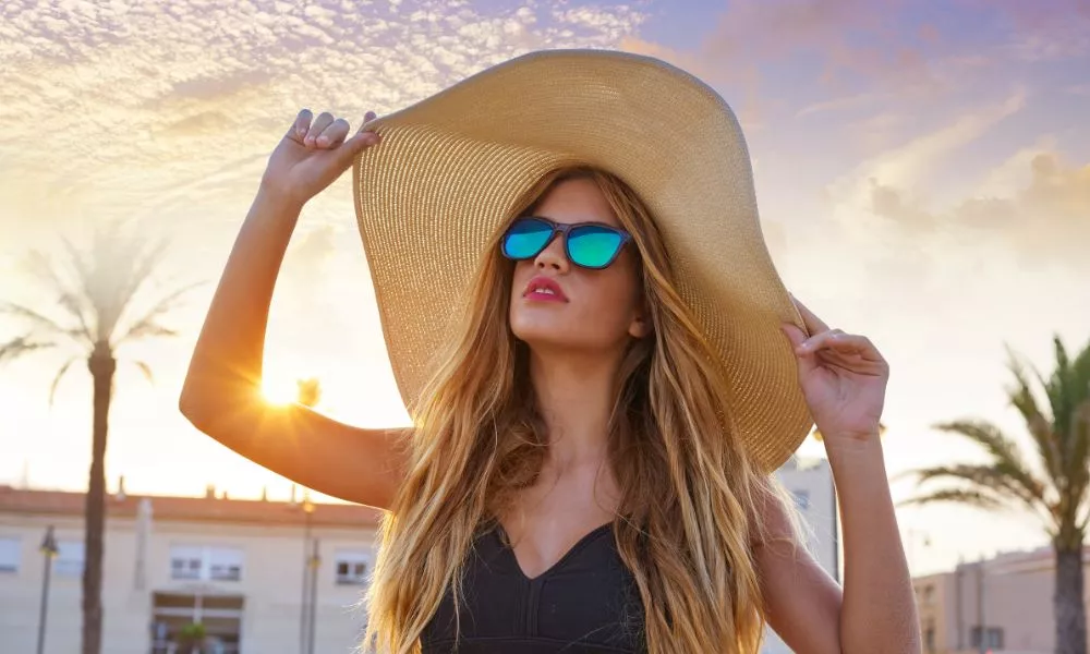 Blond Teen Girl Sunglasses and Pamela Sun Hat