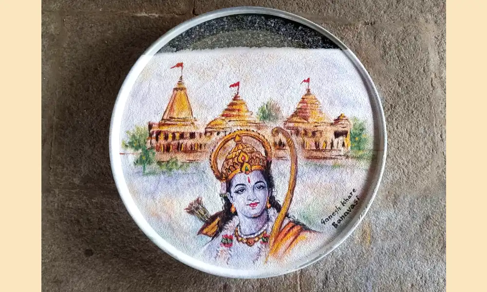 Painting of Sri Rama Mandir with Rangoli on water by artist at Banavasi