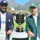 Rohit Sharma and Dean Elgar pose with the Freedom Trophy