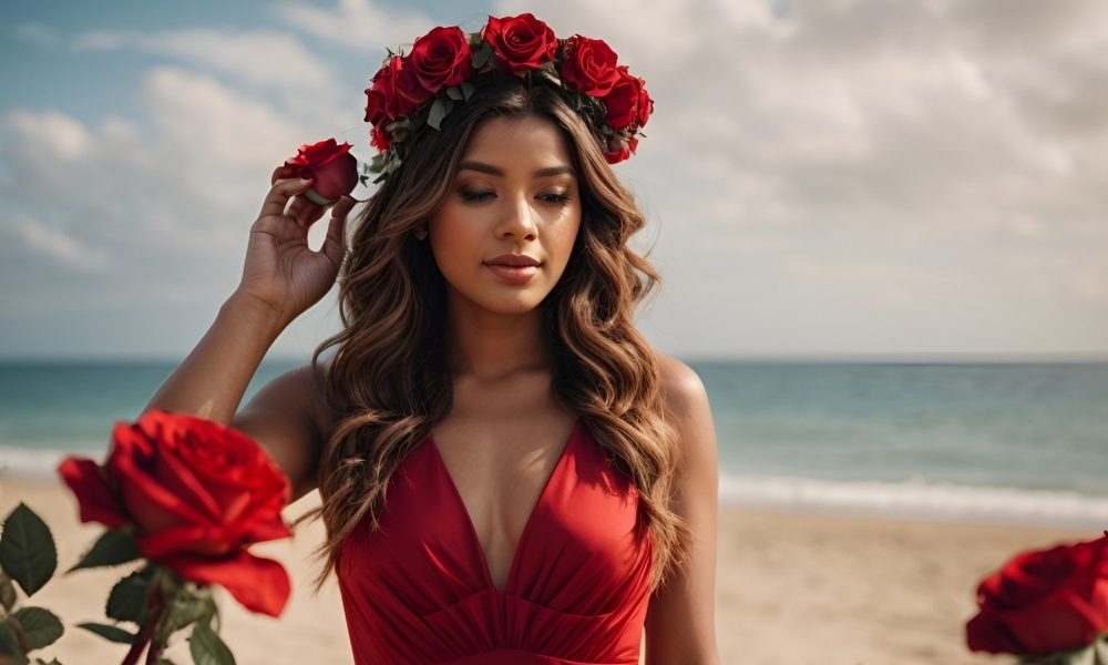 Beautiful women in red color dress with roses in beach.
