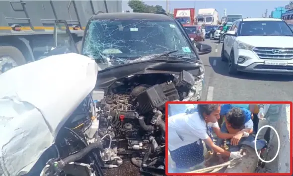 Car hits pedestrian to avoid lorry coming across