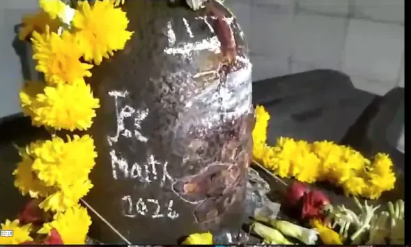 Someone wrote with a chalk piece on the Shivalinga idol of Someshwara temple