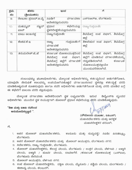 Karnataka Police Department transfer order