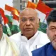 CM Siddaramaiah DK Shivakumar and Mallikarjuna Kharge in background of congress Flag and 9 Congress candidates finalised for Lok Sabha Election 2024