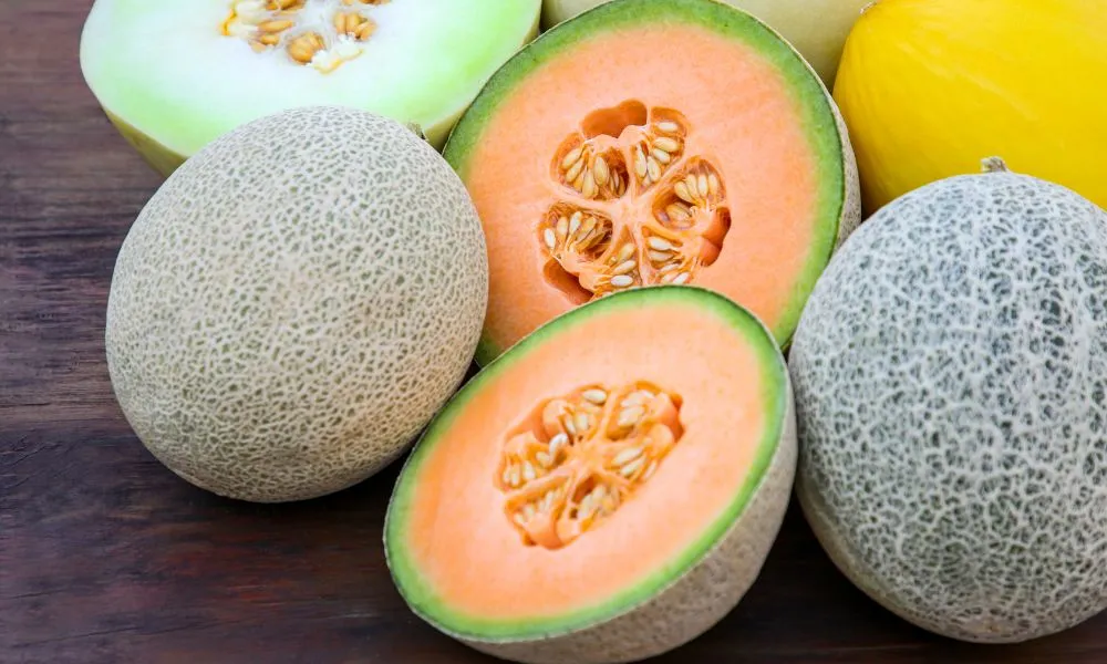 Different Types of Tasty Ripe Melons on Wooden Table