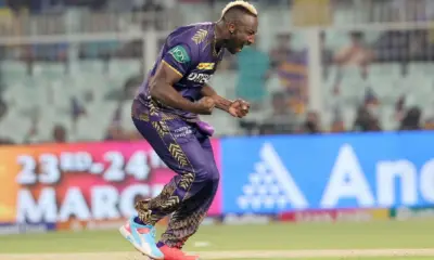 Andre Russell is pumped up after dismissing a well-set Abhishek Sharma