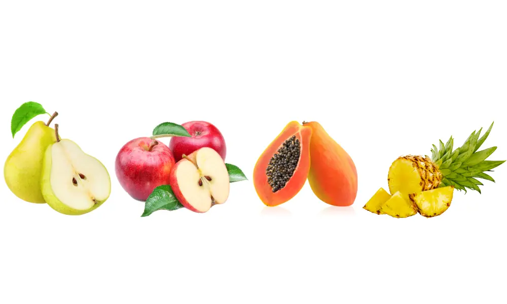 Pear, apple, papaya and pineapple