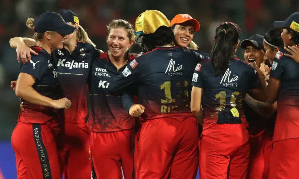 RCB celebrate after DRS ruled the Chamari Athapaththu lbw in their