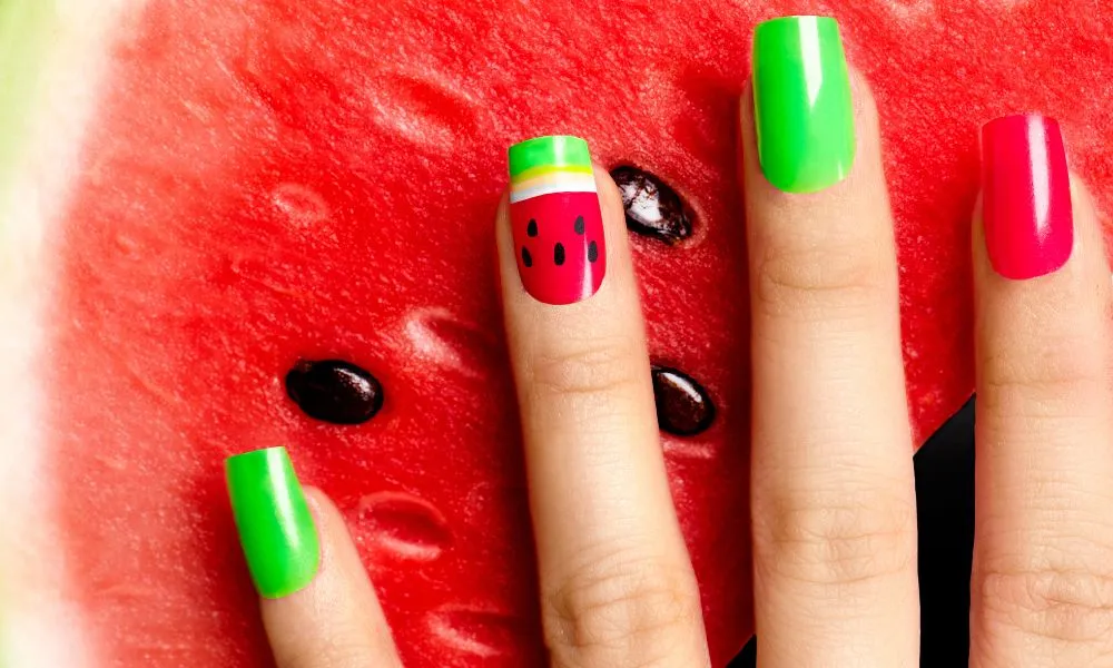 Nail Art. Watermelon Style Bright Summer Art Manicure