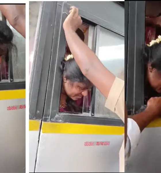 KSRTC BUS Woman locks in window of KSRTC bus after going to spit