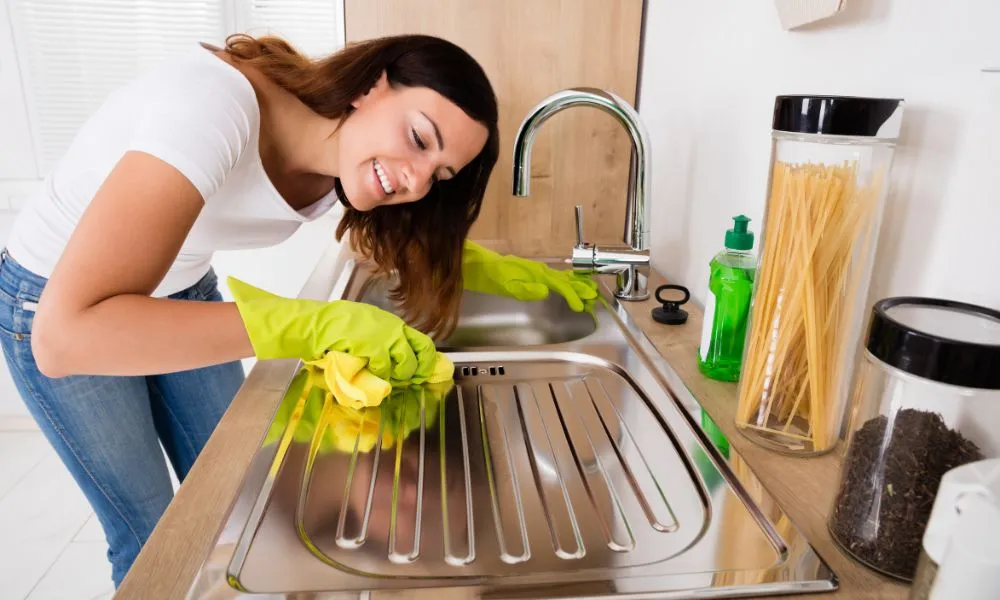 Woman Cleaning Stainless Steel Sink