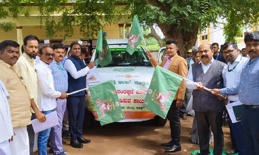 MLA Dr N T Srinivas drives for crop insurance rally in Kudligi