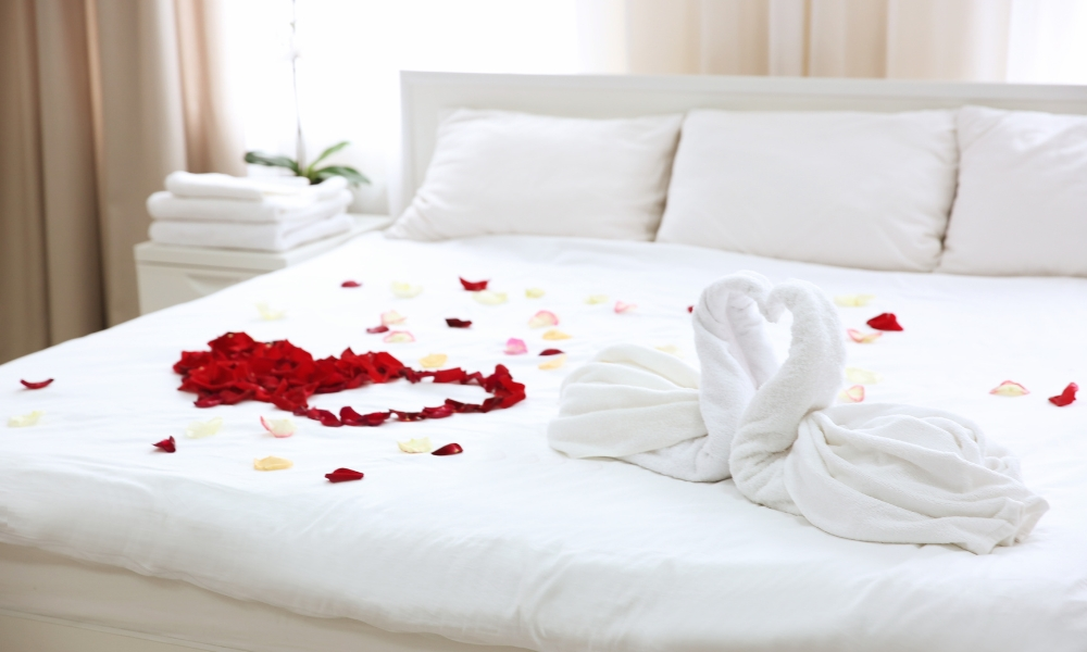 Two Towel Swans and Rose Petals on Bed in Light Hotel Room